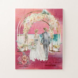Magenta-Watercolor-Groom and Bride Walking Isle Jigsaw Puzzle