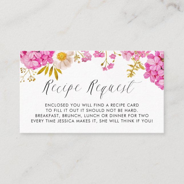 Magenta Watercolor Hydrangeas Recipe Request Card (Front)