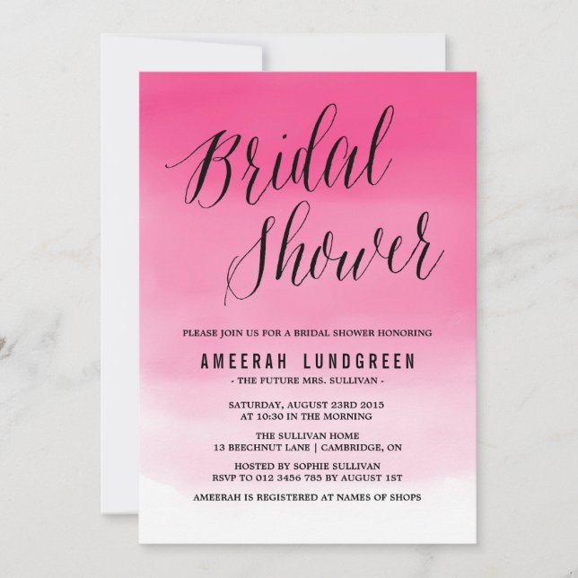 Magenta Watercolor Ombre Bridal Shower Invitation (Front)