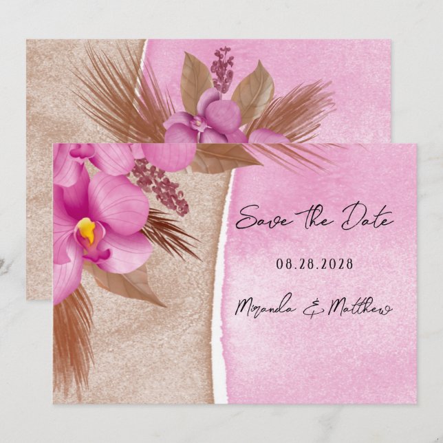 Magenta Watercolor Orchids Save The Date Invitation (Front/Back)