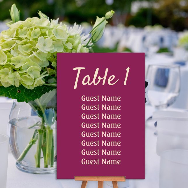 Magenta Wedding Reception  Table Number (Magenta wedding table number with guest list.)
