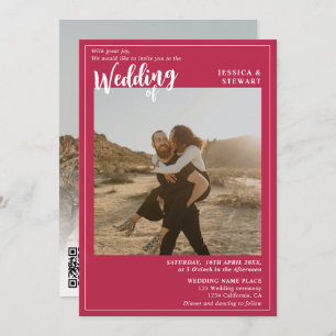 Magenta wedding script photo Qr code Invitation