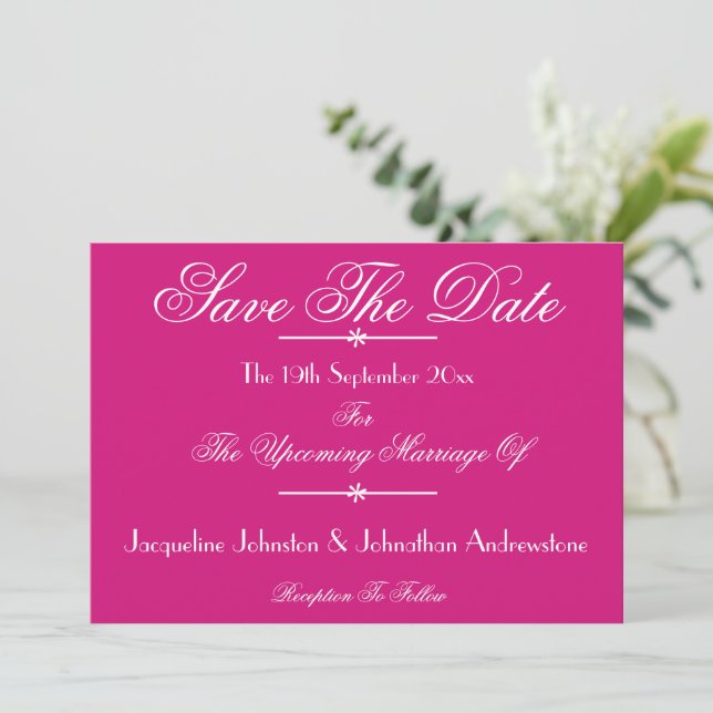 Magenta Wedding White Script Details Save The Date Announcement (Standing Front)