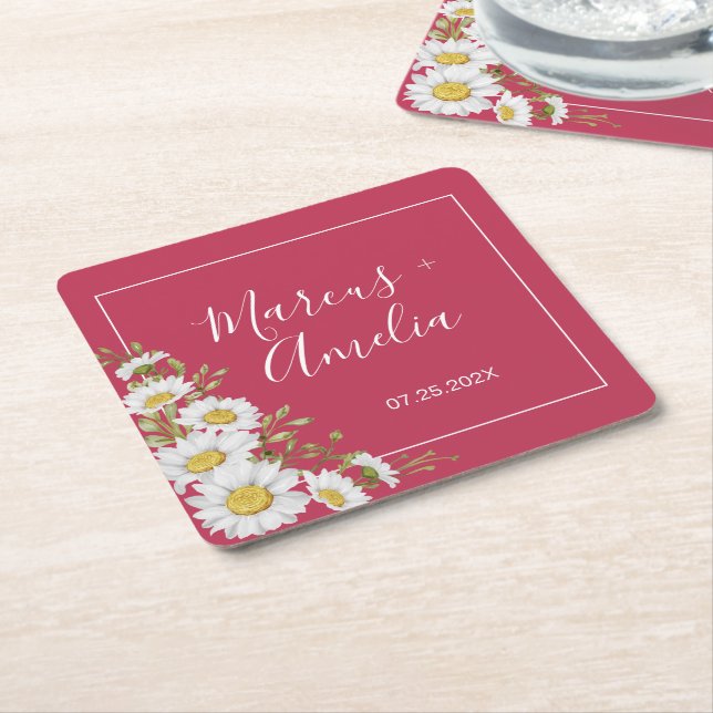 Magenta & White Daisies Wedding   Square Paper Coaster (Angled)