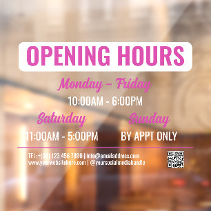 Magenta White Retro Script QR Code Opening Hours Window Cling