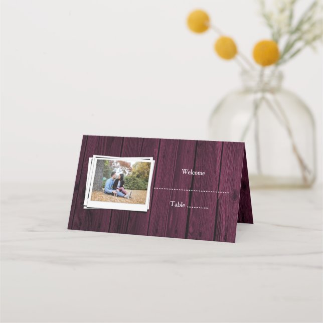 Magenta Wooden Photo Reception Place Card (Front)