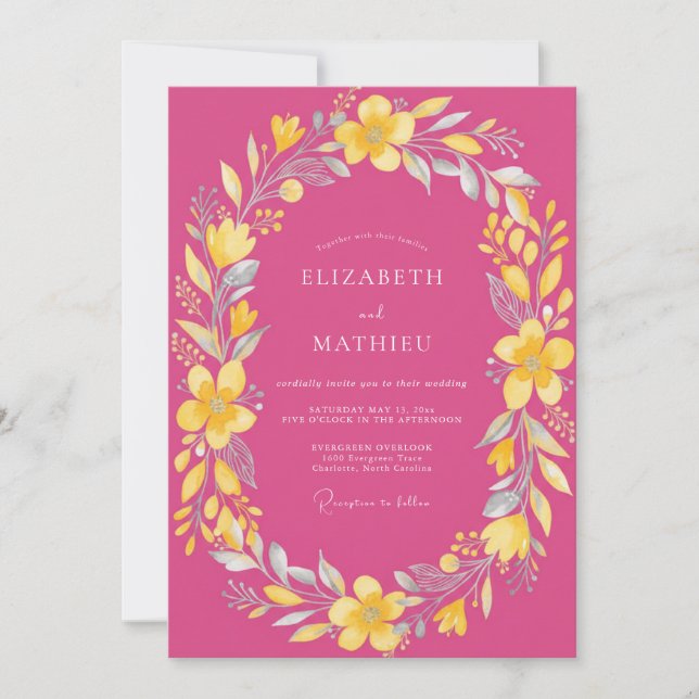 Magenta Yellow Petal Wedding Invitation (Front)