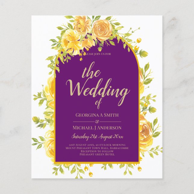 Magenta Yellow Roses Plum Purple Gold Wedding  Flyer (Front)