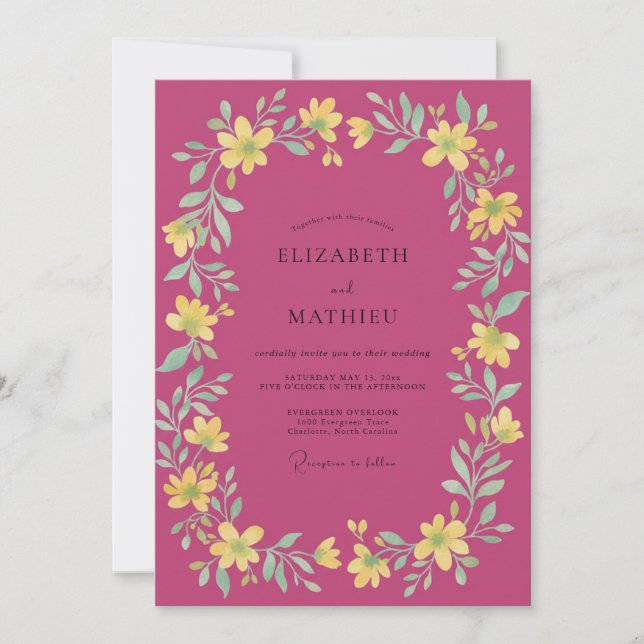 Magenta Yellow Wreath Wedding Invitation (Front)