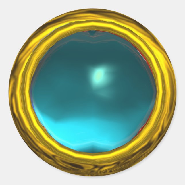 MAGIC AQUA BLUE AQUAMARINE GEM STONE GOLD YELLOW CLASSIC ROUND STICKER (Front)