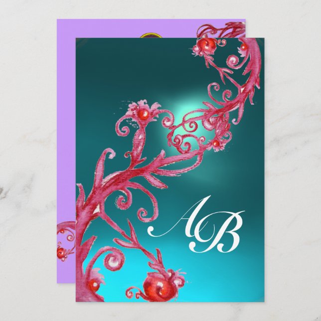 MAGIC BERRIES 3,MONOGRAM Aquamarine blue Invitation (Front/Back)