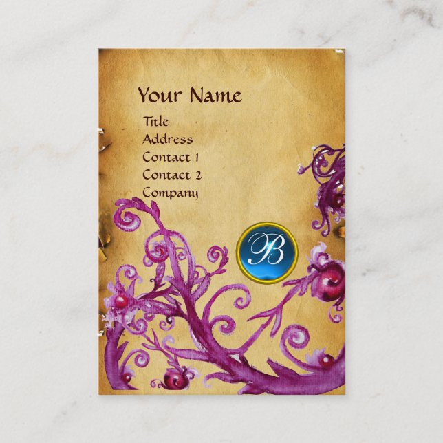 MAGIC BERRIES MONOGRAM GEM parchment blue Business Card (Front)