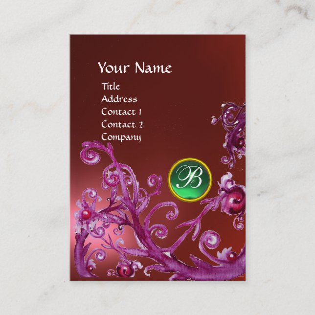 MAGIC BERRIES MONOGRAM GEM ruby red green Business Card (Front)