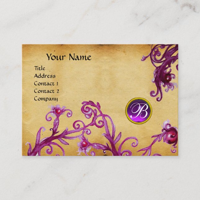 MAGIC BERRIES MONOGRAM, ruby red purple parchment Business Card (Front)