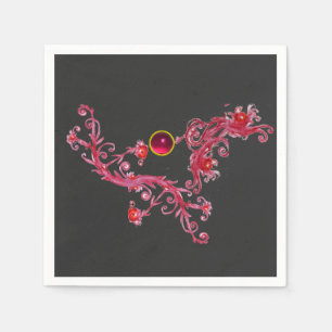 MAGIC BERRIES Red Floral Swirls With Gemstone Napkin