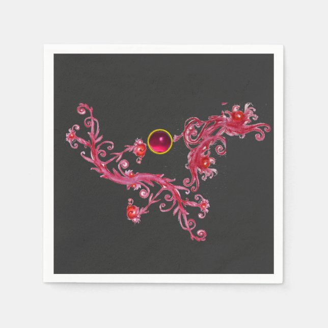 MAGIC BERRIES Red Floral Swirls With Gemstone Napkin (Front)