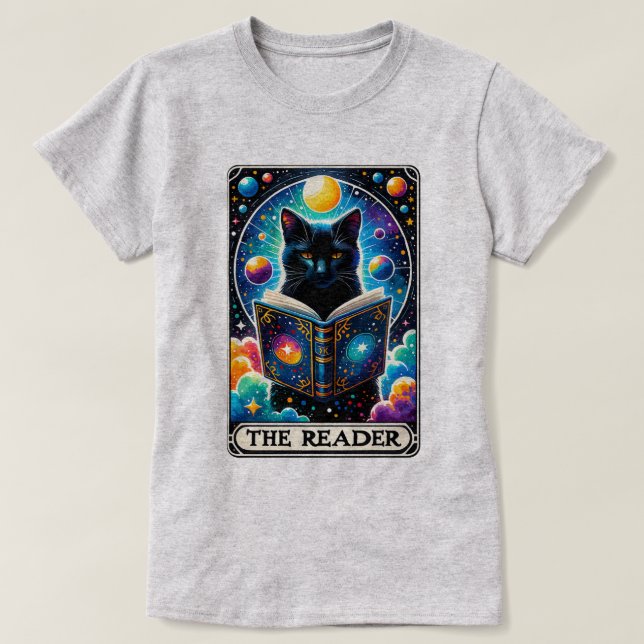 Magic Black Cat - The Reader - Tarot Card T-Shirt (Design Front)