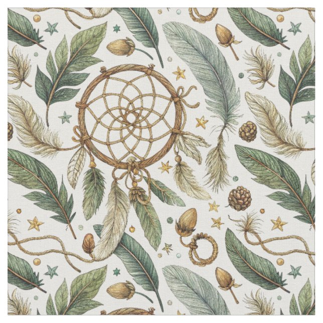 Magic Boho Dreamcatcher Feathers Pinecone Pattern Fabric (Close Up)