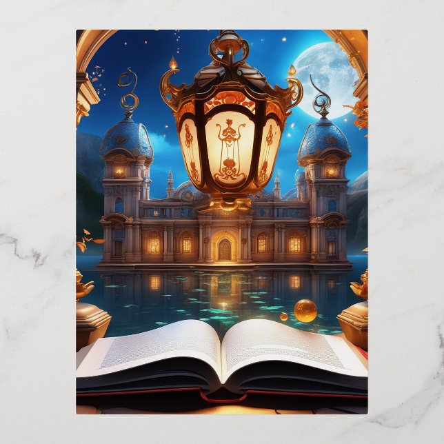 Magic Book in a Mysterious Utopian World Foil Holiday Postcard (Front)