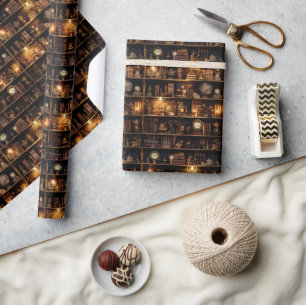 Magic Bookshelf Steampunk Clockwork Wrapping Paper