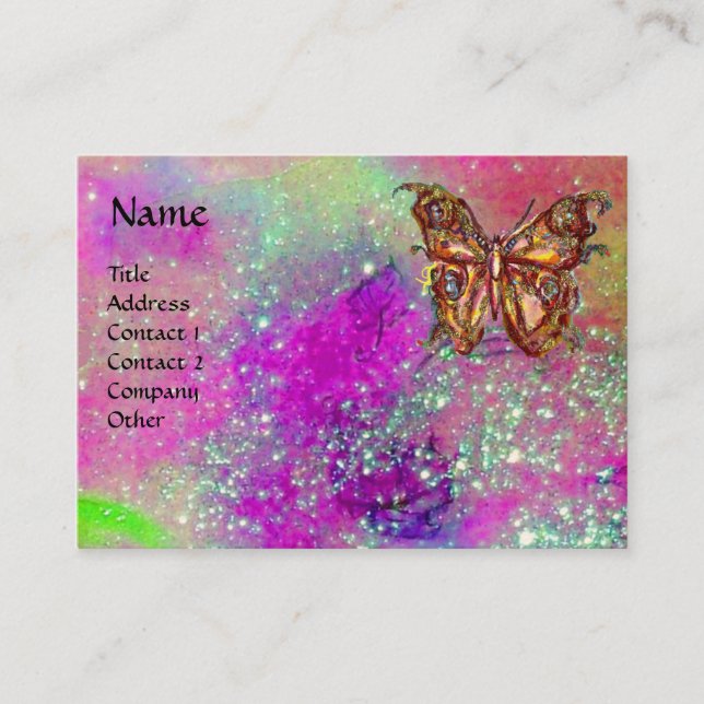 MAGIC BUTTERFLY IN GOLD,BLUE PURPLE TEAL SPARKLES BUSINESS CARD (Front)