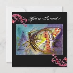 MAGIC BUTTERFLY WITH RED FLORAL SWIRLS ,black blue Invitation