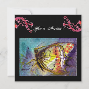 MAGIC BUTTERFLY WITH RED FLORAL SWIRLS ,black blue Invitation