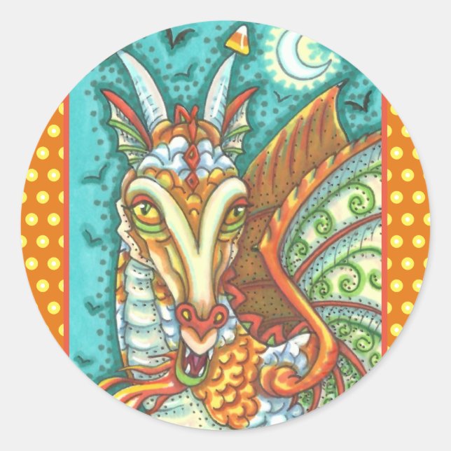 MAGIC CANDY CORN DRAGON, HALLOWEEN FANTASY CLASSIC ROUND STICKER (Front)