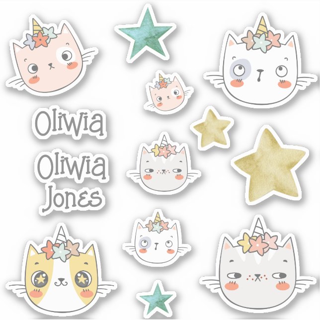 Magic caticorn Kawaii Sticker vert pack (Devant)