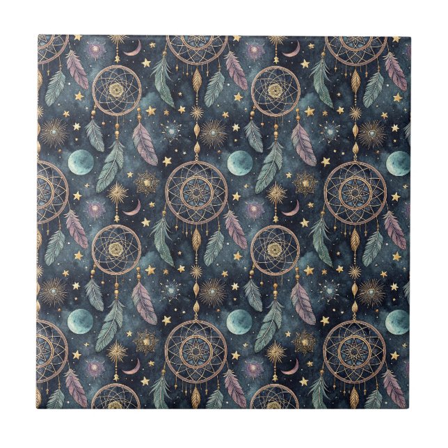 Magic Celestial Dreamcatcher Starry Night Pattern Tile (Front)