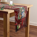 Magic Christmas Snowman & friends Red Table Runner<br><div class="desc">Beautiful Red Table runner that brings out The Magic of Christmas on a red burgundy background with groupings of cute characters: a snowman, owl, raven, little child, a puppy, a fox, a squirrel, a bird, and trees. This beautiful magical runner is very festive and great for decorating the Christmas/Holiday table....</div>