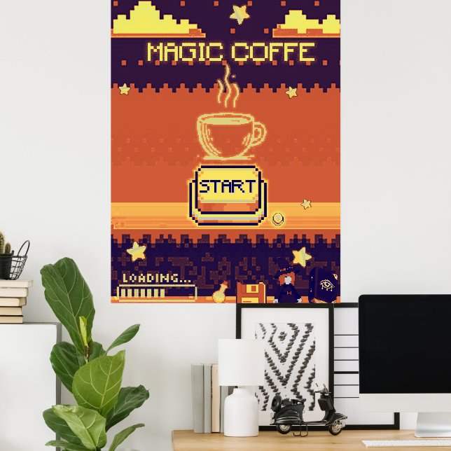 Magic Coffee – Retro Pixel Art Gamer Poster | 8-Bi (Home Office)
