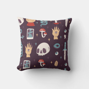 Magic elements: skull, tarot seamless throw pillow