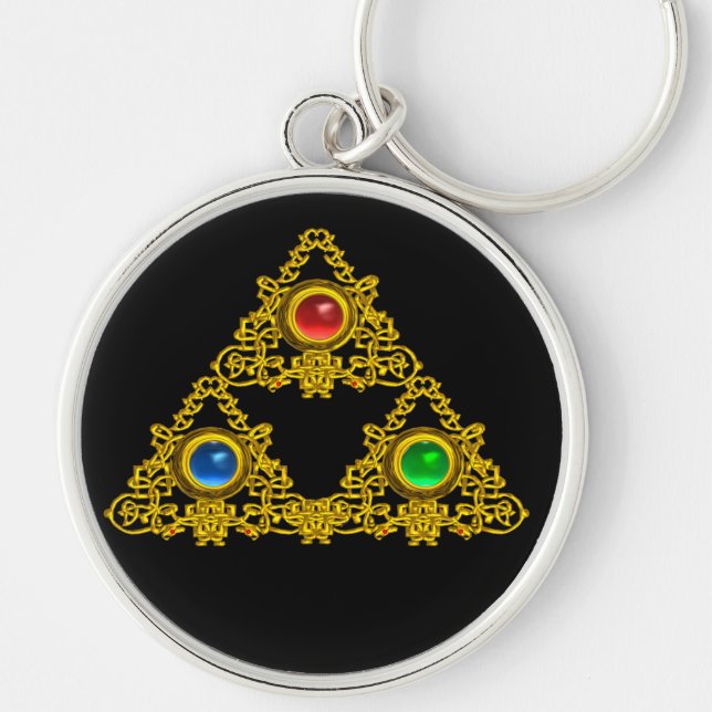 MAGIC ELFIC TALISMAN,BLACK GOLD TRIANGLE,GEMSTONES KEYCHAIN (Front)