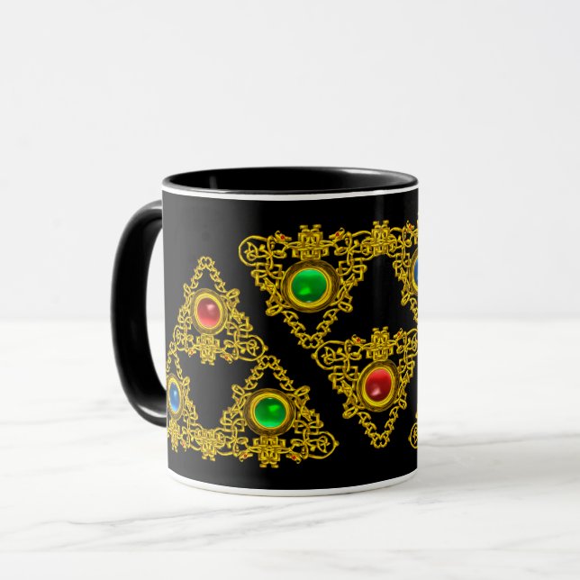 MAGIC ELFIC TALISMAN,GOLD TRIANGLE,GEMSTONES Black Mug (Front Left)