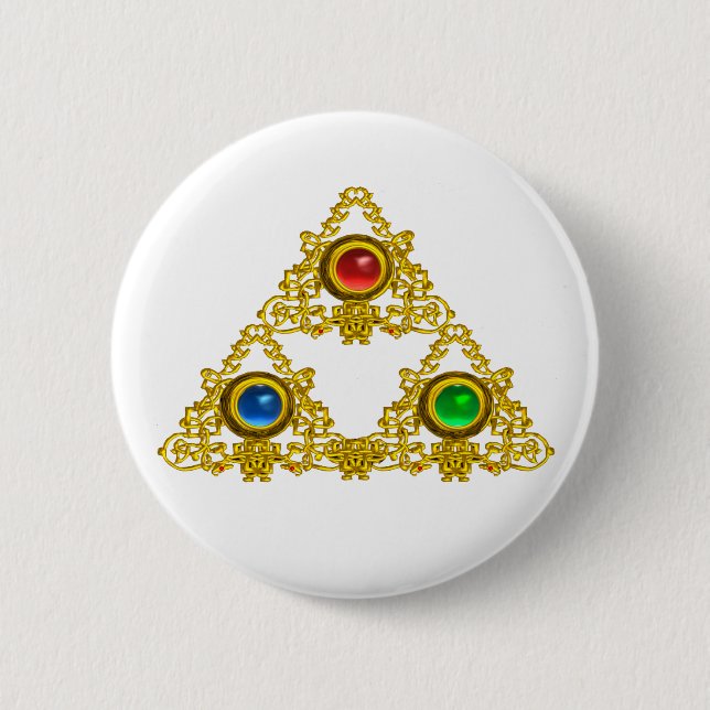 MAGIC ELFIC TALISMAN /GOLD TRIANGLE WITH GEMSTONES 2 INCH ROUND BUTTON (Front)