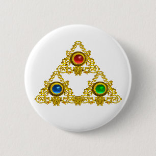 MAGIC ELFIC TALISMAN /GOLD TRIANGLE WITH GEMSTONES 2 INCH ROUND BUTTON