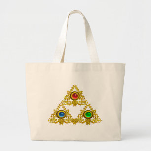 MAGIC ELFIC TALISMAN /GOLD TRIANGLE WITH GEMSTONES LARGE TOTE BAG