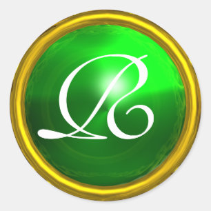 MAGIC EMERALD MONOGRAM bright vibrant green Classic Round Sticker
