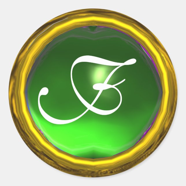 MAGIC EMERALD MONOGRAM bright vibrant green yellow Classic Round Sticker (Front)