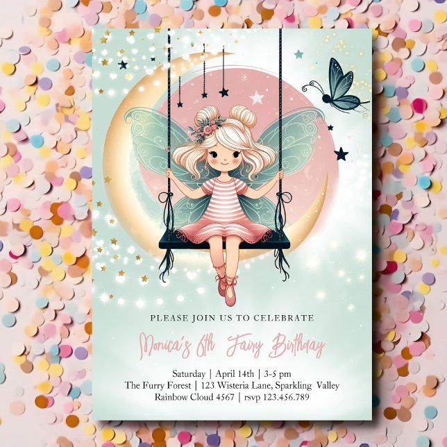 Magic enchanted Fairy on the swing kids birthday Invitation (Creator Uploaded)