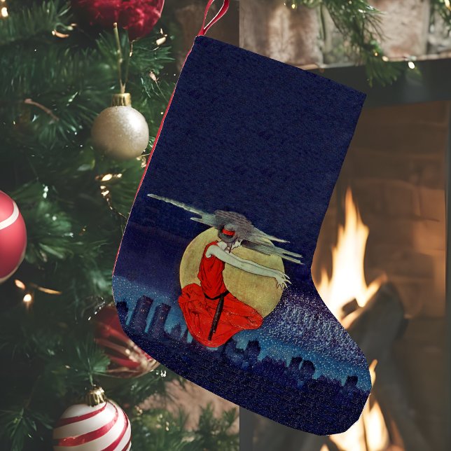 Magic Floating Woman Moon Night Sky Witch Small Christmas Stocking (Magic woman red dress floating over city night skyline yellow moon on dark blue Christmas stocking.)