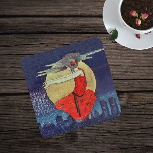 Magic Floating Woman Moon Night Sky Witch Square Paper Coaster