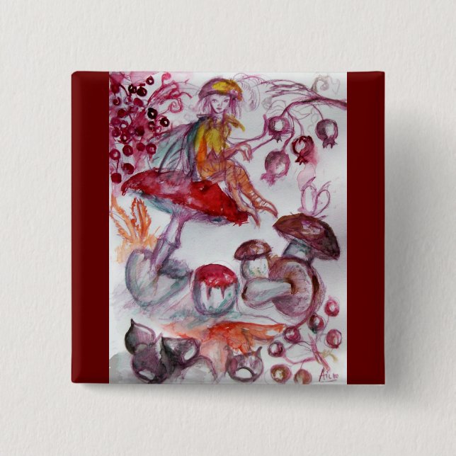 MAGIC FOLLET OF MUSHROOMS Red White Floral Fantasy 2 Inch Square Button (Front)
