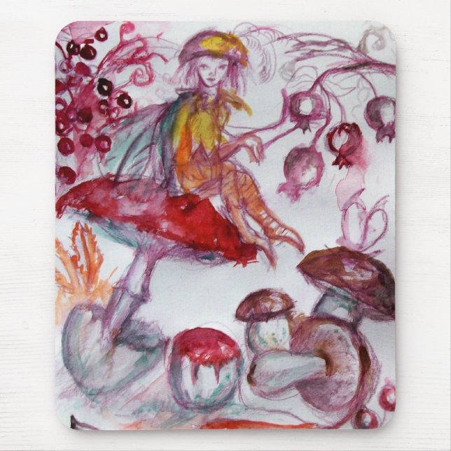 MAGIC FOLLET OF MUSHROOMS Red White Floral Fantasy Mouse Pad (Front)