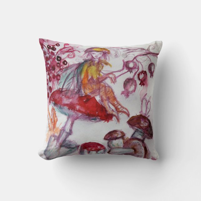 MAGIC FOLLET OF MUSHROOMS Red White Floral Fantasy Throw Pillow (Front)