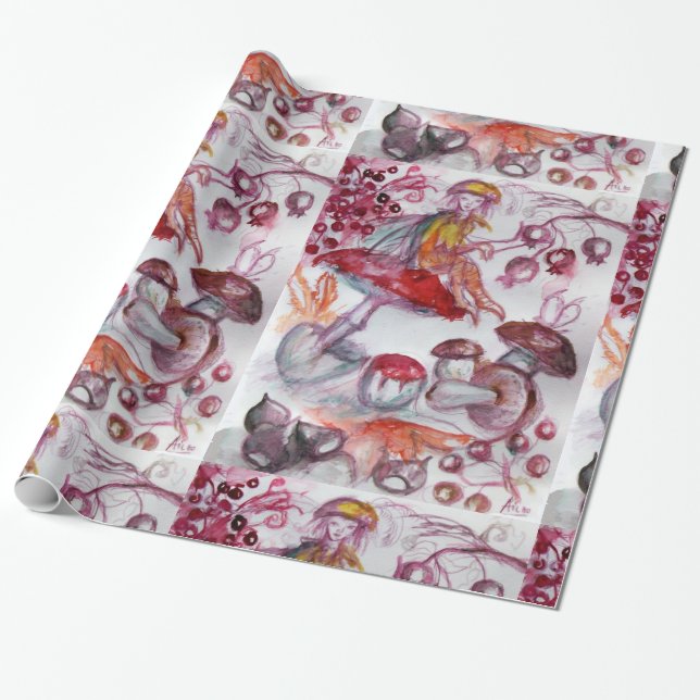 MAGIC FOLLET OF MUSHROOMS Red White Floral Fantasy Wrapping Paper (Unrolled)