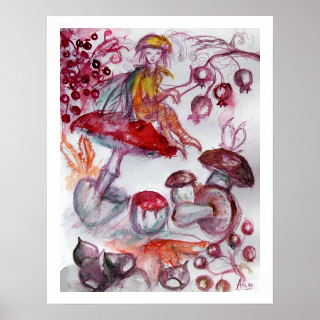 MAGIC FOLLET OF MUSHROOMS Whire Red Floral Fantasy Poster (Front)