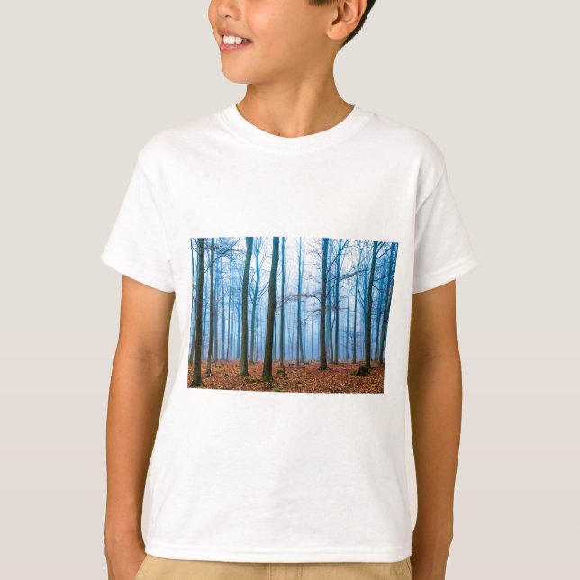 Magic forest in fog in blue and orange T-Shirt (Front)