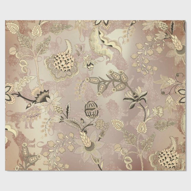 Magic Garden Lions Floral Rose Gold Oriental Wrapping Paper (Flat)